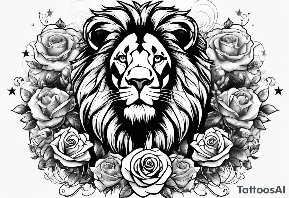 Lion with roses & spiders with stars tattoo idea