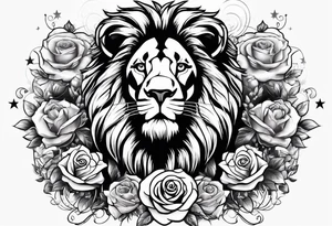 Lion with roses & spiders with stars tattoo idea