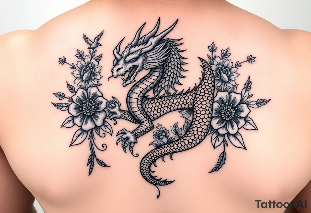 powerful majestic dragon, surrounded by floral ornaments and birds tattoo idea