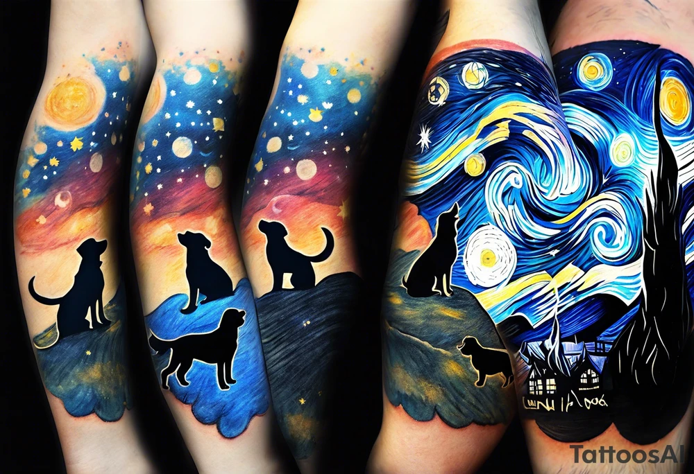 Me and my 3 dogs as silhouettes looking up at a night sky with galaxies comets and other space elements in the style of Van Gogh Starry Night. Must fit on an upper arm. tattoo idea