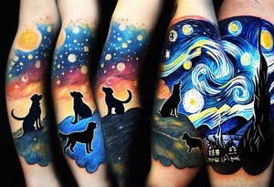 Me and my 3 dogs as silhouettes looking up at a night sky with galaxies comets and other space elements in the style of Van Gogh Starry Night. Must fit on an upper arm. tattoo idea