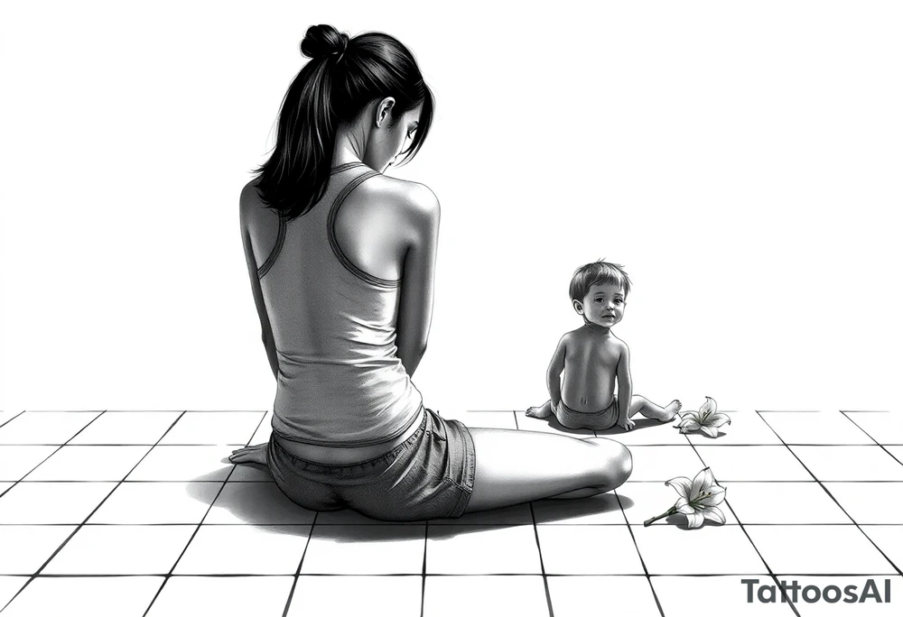 a tile floor with a realistic silhouette of the back of a thin woman sitting curled on the tile floor and the shadow of a young child sitting next to her with a lily next to them on the floor. The woman is wearing a Racerback tank top, running shorts, has dark hair pulled up high, and her head is down. tattoo idea