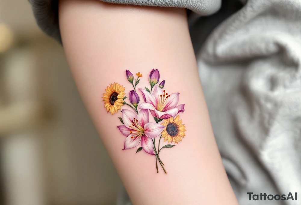 Dainty stargazer lillies in light pink with no outline with small yellow sunflowers and purple tulip buds in a dainty wildflower bouquet with stems tattoo idea