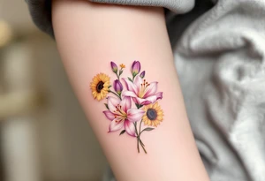 Dainty stargazer lillies in light pink with no outline with small yellow sunflowers and purple tulip buds in a dainty wildflower bouquet with stems tattoo idea