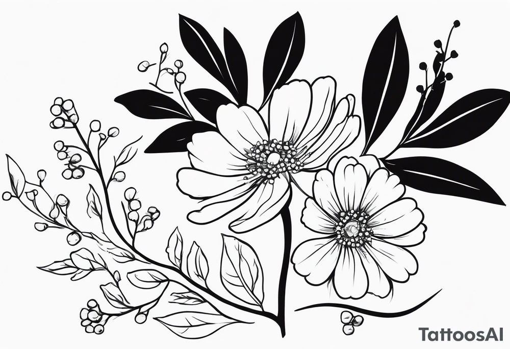 minimalist s-curve of cosmos flower, and rowan tree berries and flowers tattoo idea