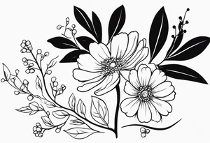 minimalist s-curve of cosmos flower, and rowan tree berries and flowers tattoo idea