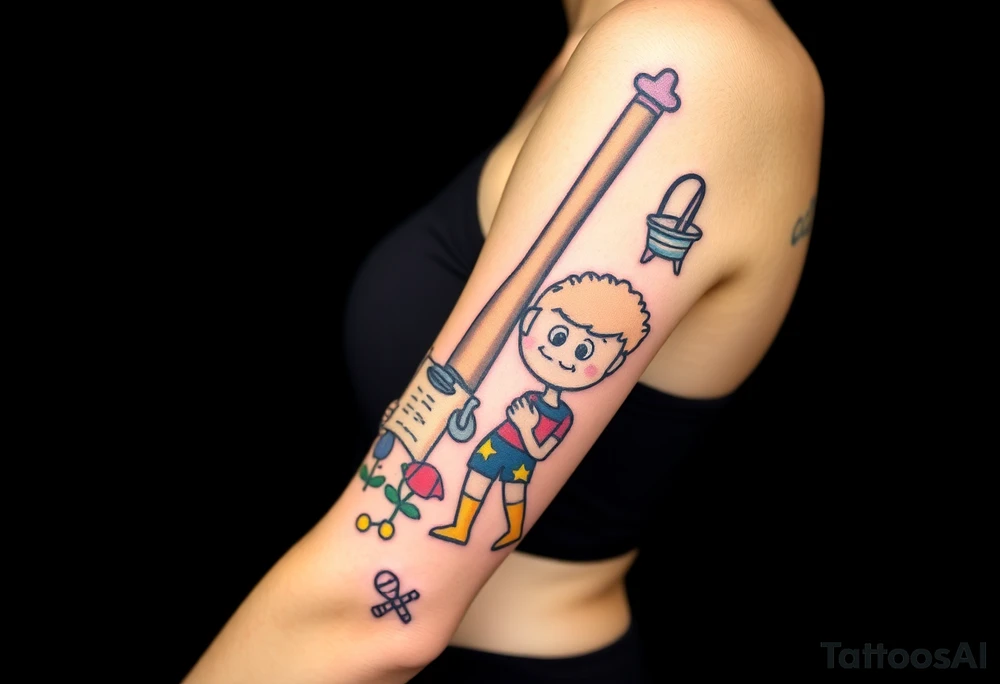 Childhood memories of a book, a bucket and spade, a football, a cricket bat, a cartoon of Dennis the Menace from the Beano comic, and the American Idiot symbol tattoo idea