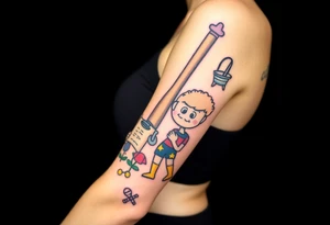 Childhood memories of a book, a bucket and spade, a football, a cricket bat, a cartoon of Dennis the Menace from the Beano comic, and the American Idiot symbol tattoo idea