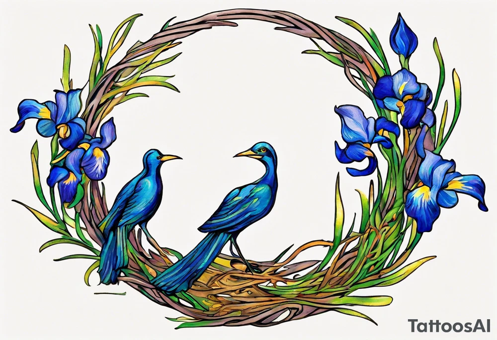 Create a colorful, small Vincent van Gogh Irises tattoo with a nest and bird. The tattoo should take the form of a crescent, with vines gracefully intertwining at a central point in the middle of the wreath. Ensure that the design avoids the appearance of a bush and maintains a more structured and deliberate arrangement. The intended placement is on the upper chest. The overall design should be small in size while maintaining a delicate and artistic aesthetic. Pay attention to the graceful flow of the vines and the placement of the irises to achieve a refined and elegant look tattoo idea