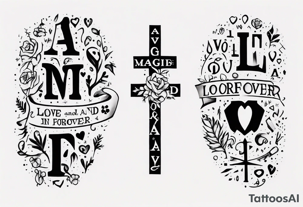 The words Maggie and Lucas and Love and Forever in a crossword puzzle tattoo idea