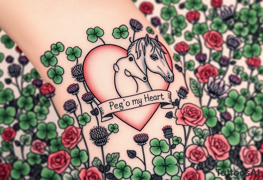 a big pale pink heart and a horse in a huge patch of green shamrocks, and purple thistles, and red roses with a banner across the heart that says Peg 'o My Heart tattoo idea