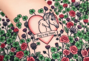 a big pale pink heart and a horse in a huge patch of green shamrocks, and purple thistles, and red roses with a banner across the heart that says Peg 'o My Heart tattoo idea