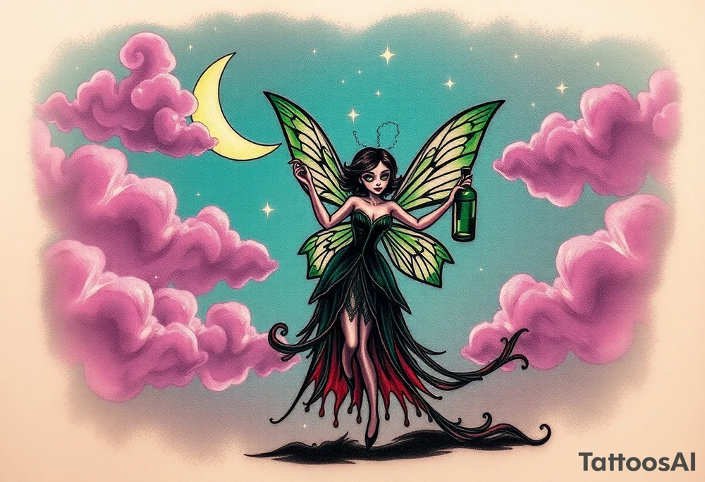 Tim Burton’s pin up style Vintage Parisian elegant and hauntingly beautiful yet eerie full body absinthe Green Fairy dances outside her victorian crystal decatur absinthe bottle Absinthe Art Nouveau   and dripping with muted reds, dusty pinks, and eerie green glow.purple and cyan smokey clouds swirl in the crescent moonlit sky thats sprinkled with stars tattoo idea