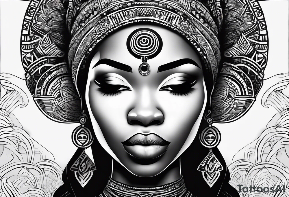 African woman shape only head with adinkra sign minimalist tattoo idea