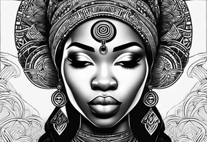 African woman shape only head with adinkra sign minimalist tattoo idea