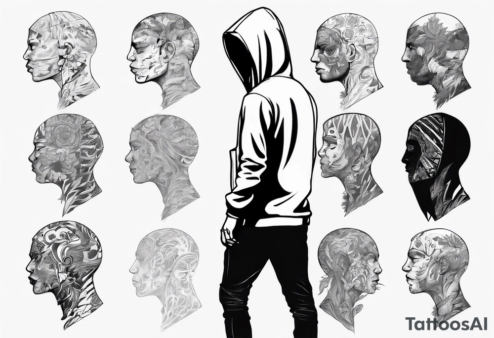 The full side view of a person in a hoodie, looking down. tattoo idea