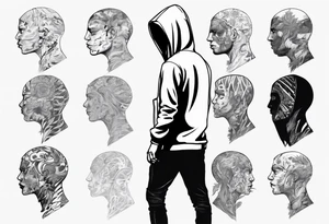 The full side view of a person in a hoodie, looking down. tattoo idea