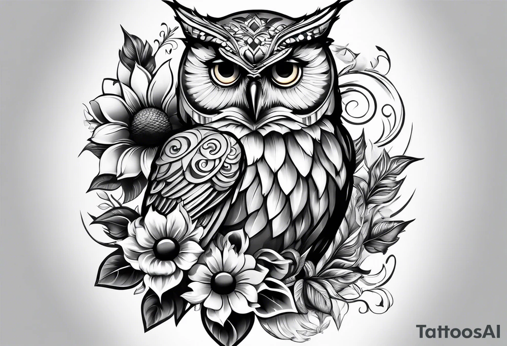Sleeve with an owl, sunflower and butterfly tattoo idea