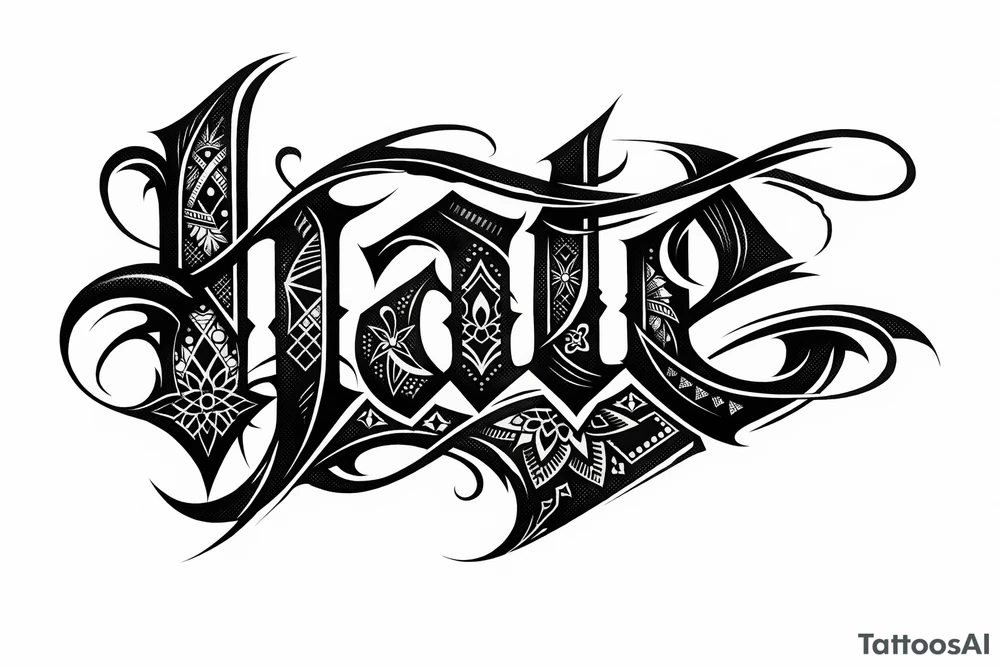 Blackwork script with sharp, angular lines spelling 'hate' with intricate geometric patterns. tattoo idea