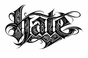 Blackwork script with sharp, angular lines spelling 'hate' with intricate geometric patterns. tattoo idea