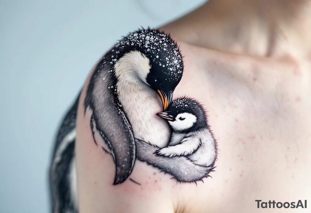 A penguin mother in black and white cuddling her chick in a snowy blue background shows warmth and constant presence. tattoo idea