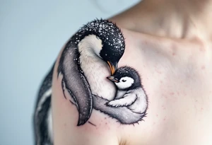 A penguin mother in black and white cuddling her chick in a snowy blue background shows warmth and constant presence. tattoo idea