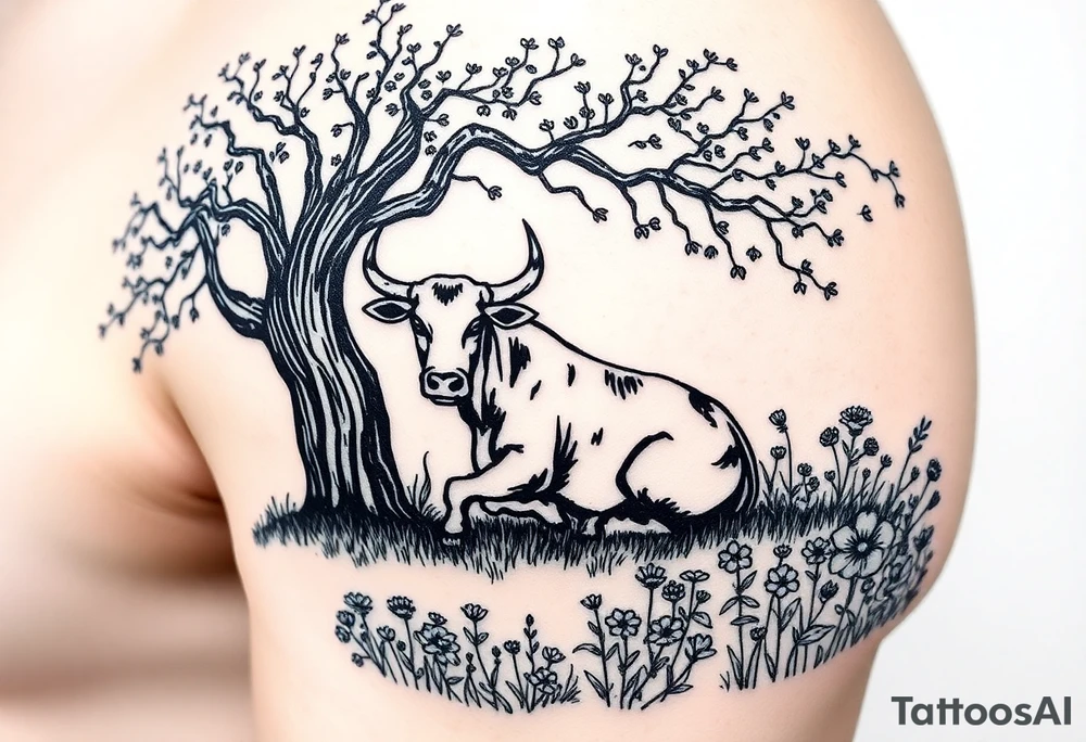 Black and white silhouette of Ferdinand the bull sitting under the cork tree in a field of flowers with pops of color and gothic flourishes tattoo idea