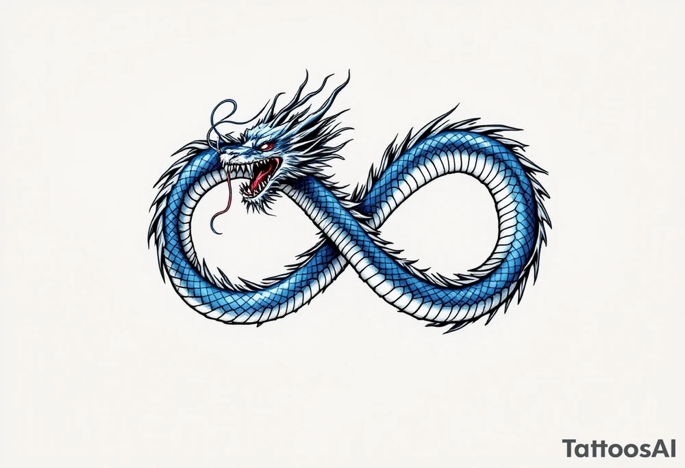 The design features a dragon, coiled in the shape of the infinity symbol (sideways number "8"). The dragon is depicted eating its own tail, symbolizing eternity and continuity, inspired by the Ouroboros.

Details:

The dragon's body has vibrant, glossy blue scales, with a smooth and polished texture.
It maintains a clean, balanced shape in the infinity figure, with sharp details and elegant flow.
Style:

The focus remains on the dragon's form, with no additional background elements to keep the design minimal and modern. tattoo idea