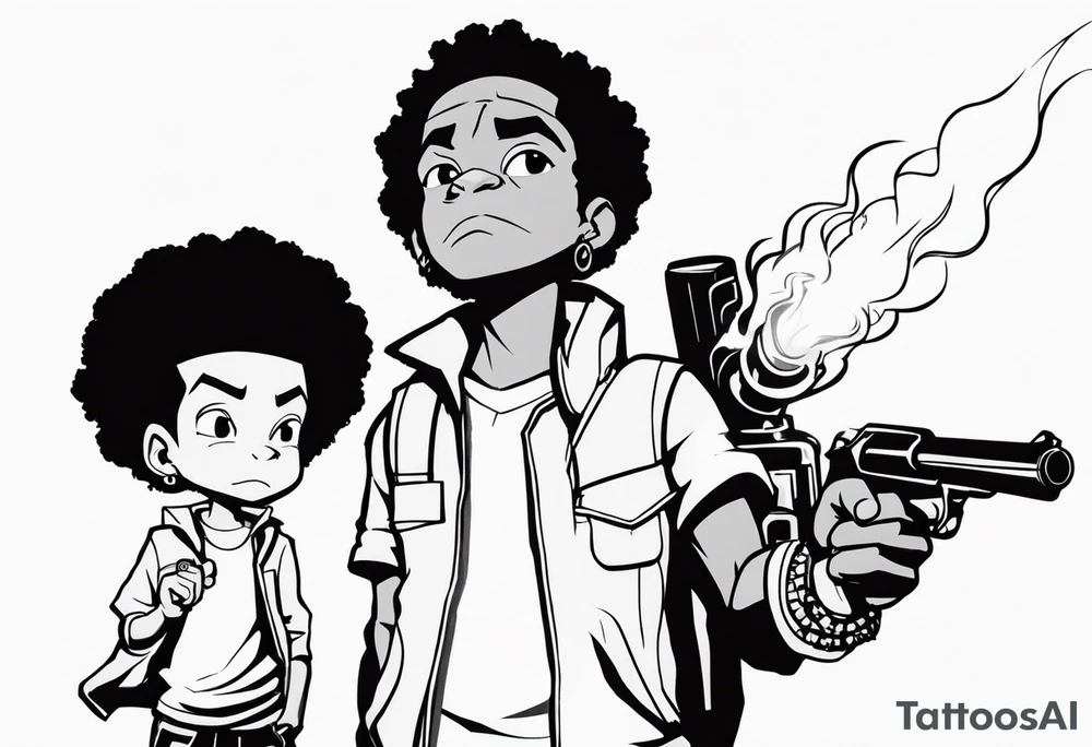 huey and riley from the boondocks, huey holding a torch with his fist up and riley holding a gun tattoo idea