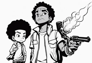 huey and riley from the boondocks, huey holding a torch with his fist up and riley holding a gun tattoo idea