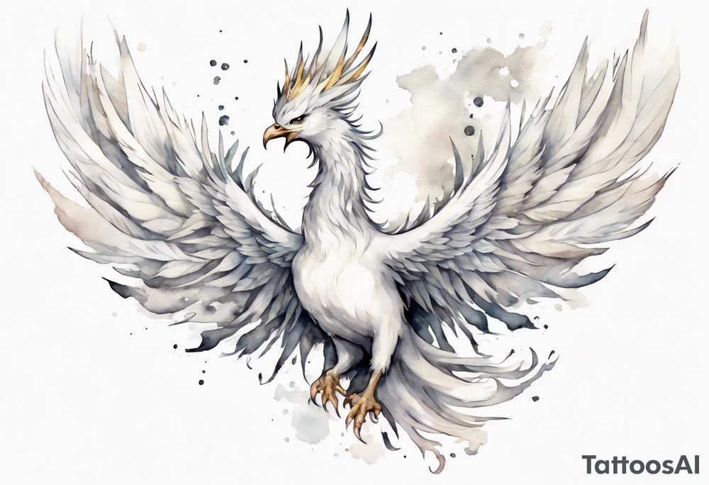 a white phoenix wearing a small crown, flying in the air tattoo idea