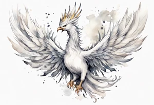 a white phoenix wearing a small crown, flying in the air tattoo idea