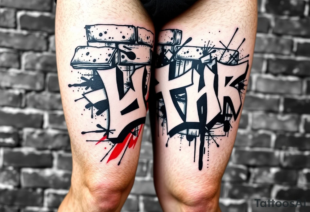Graffiti style tattoo FULL thigh Using brick wall as a background and then graffiti Over the top, I do not want a lot of color so just primarily black white and gray with a little bit of red tattoo idea