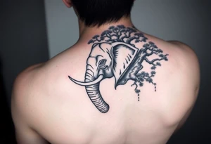 Head of an elephant with bonsai tree behind it Japanese style realistic tattoo idea