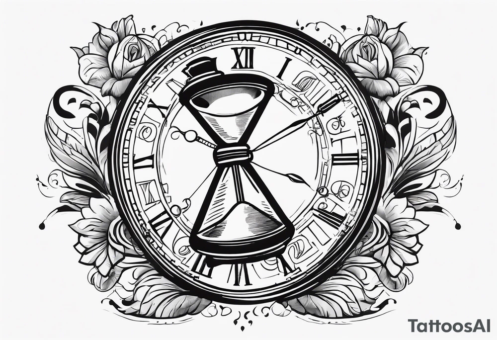draw a clock/hourglass. They are surrounded by Roman numerals. It is a black and white tattoo for the right shoulder of a man tattoo idea
