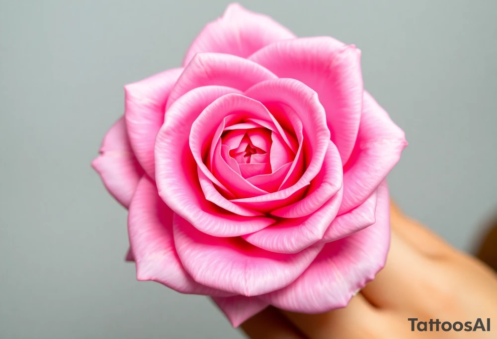 The pink rose appears as if viewed through a mesmerizing kaleidoscope, with its delicate petals radiating outward in a perfectly symmetrical, fractal-like pattern. Shades of soft blush and vibrant magenta blend seamlessly, creating a hypnotic, almost surreal visual effect that draws the eye deeper into its intricate layers. The petals seem to fold and reflect infinitely, forming geometric shapes that shift and transform, giving the rose an ethereal, dreamlike quality. tattoo idea