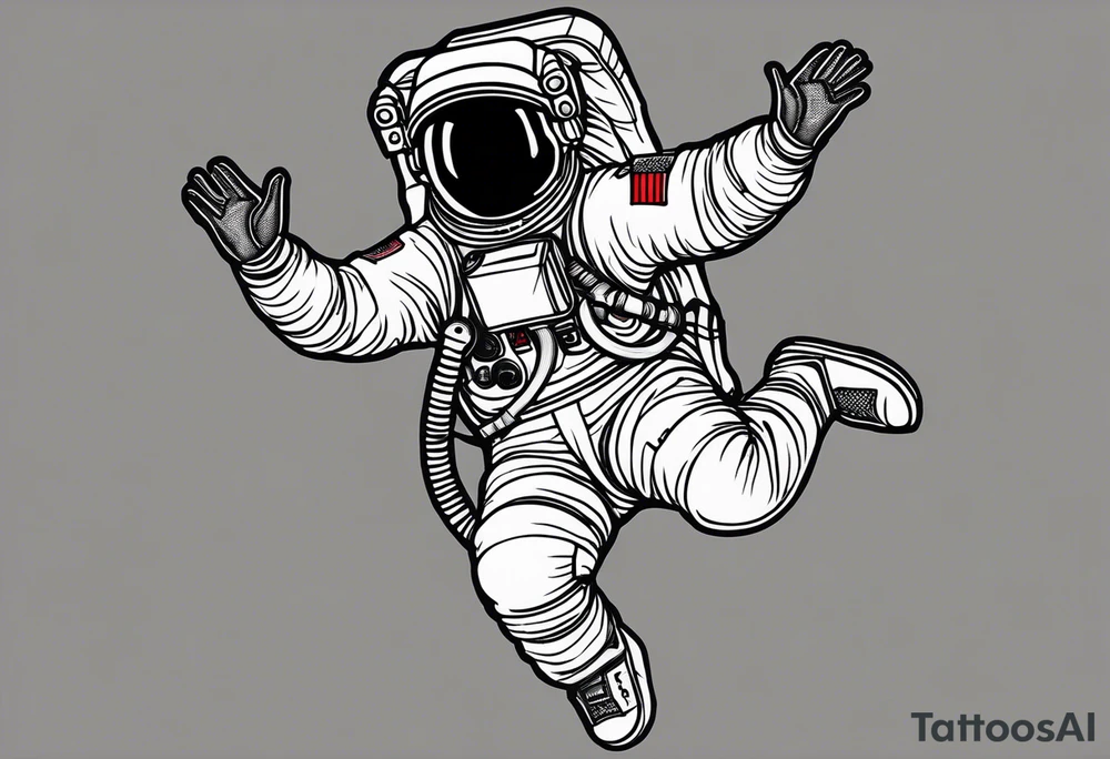 An astronaut floating with one arm up and one arm down and feet spread. he's wearing 1990's air jordan sneakers on his feet tattoo idea
