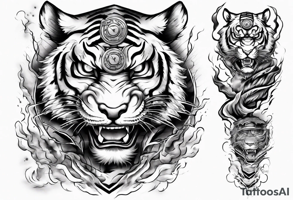 tiger warrior with lightning and the sun for a forearm sleeve tattoo idea