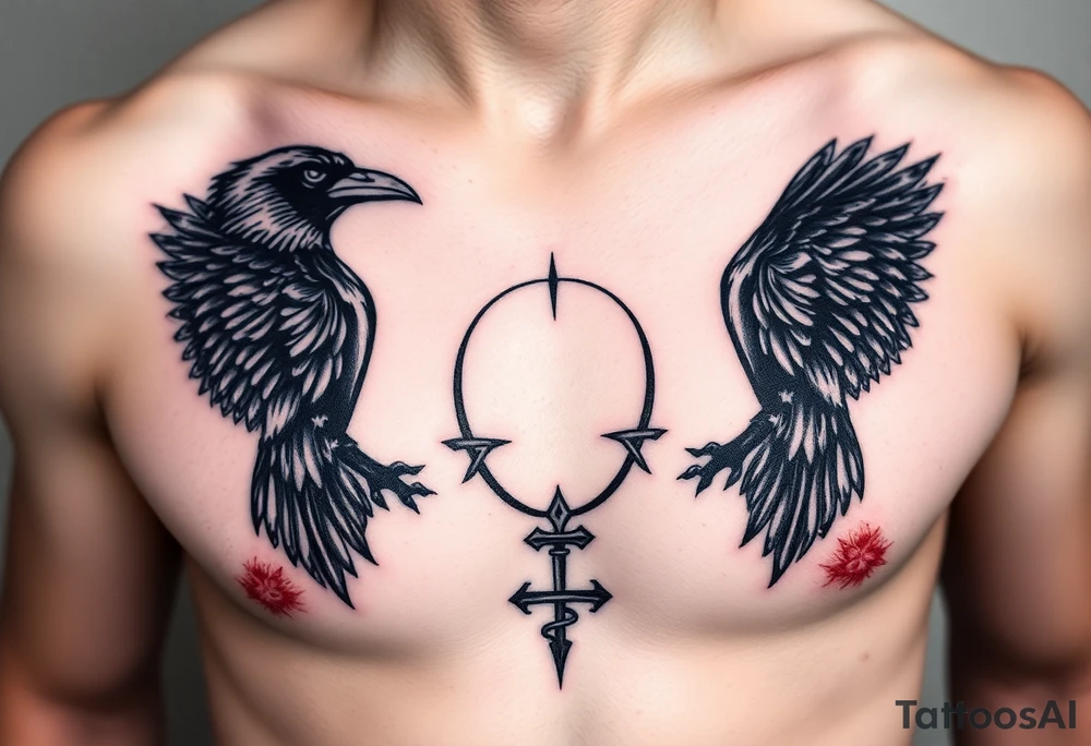 Chest tattoo, two ravens and icelandic symbols, dark brest tattoo tattoo idea