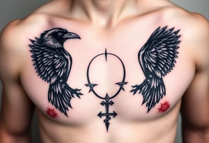 Chest tattoo, two ravens and icelandic symbols, dark brest tattoo tattoo idea