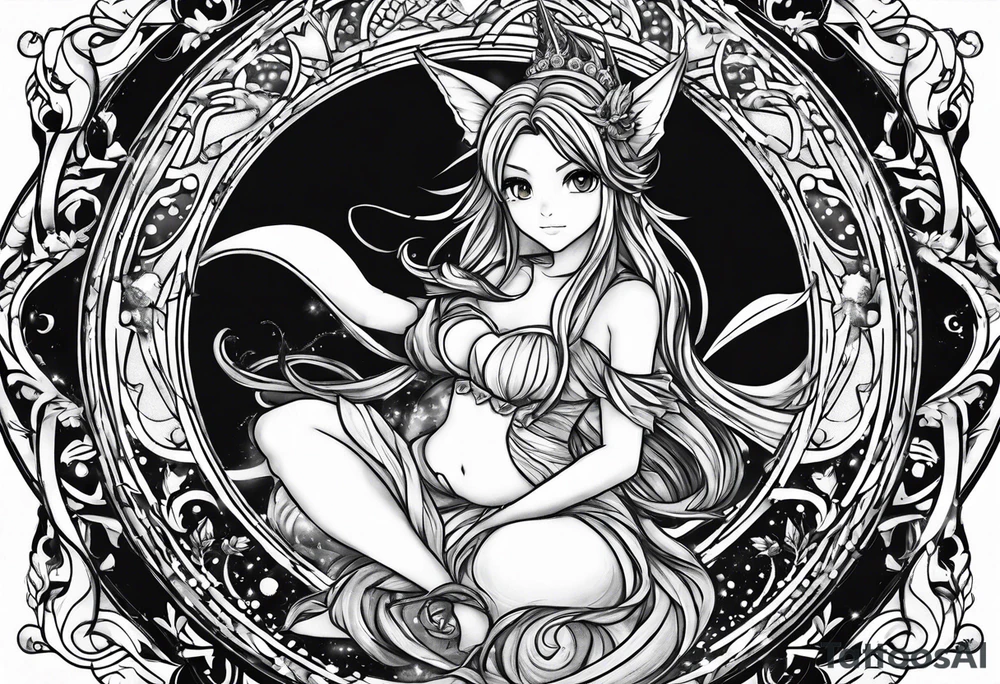 A fairy with a tail inspired by the logo of the show called Fairy Tail in a fetal position tattoo idea