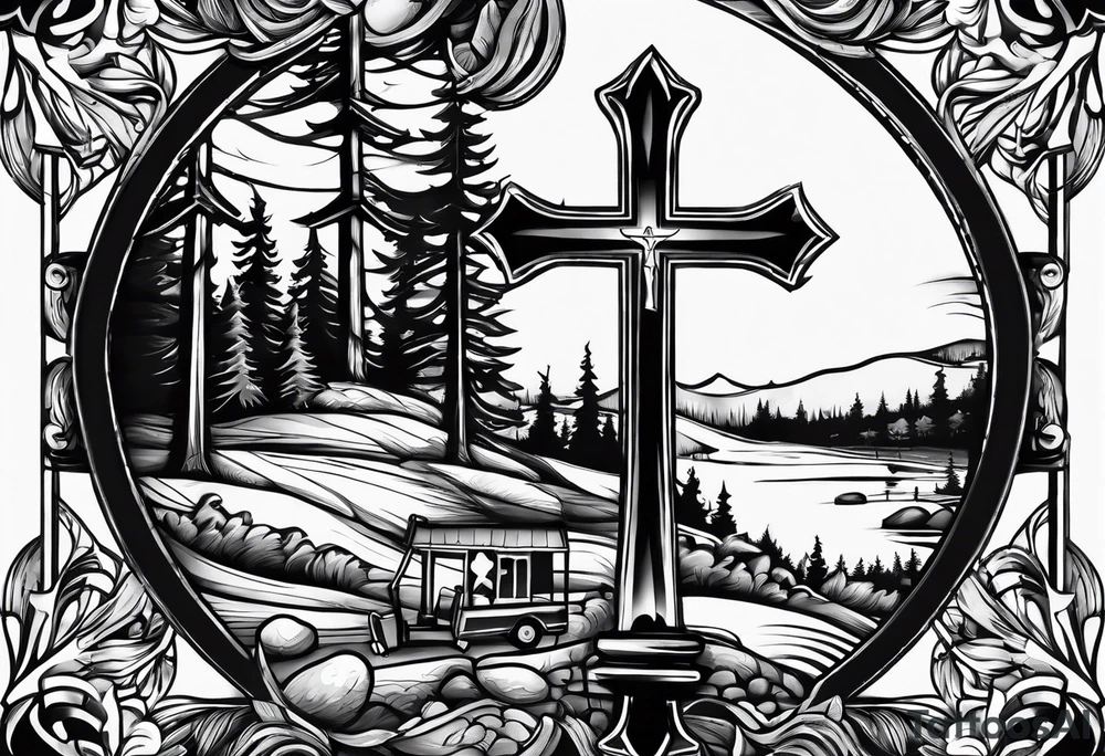 cross with whiskey glass, golf club, camp fire and cabin in the quandrants tattoo idea
