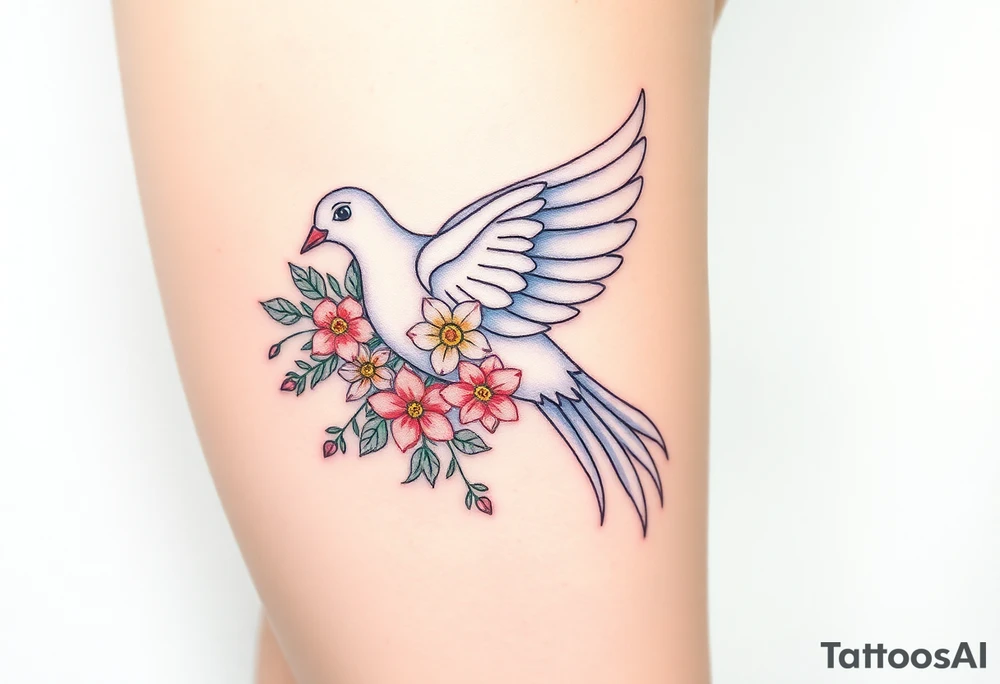 A collared dove with a bouquet of wildflowers in its talons, in soft pastel tones like lavender, peach, and pale blue, representing love and freedom in nature tattoo idea
