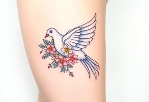 A collared dove with a bouquet of wildflowers in its talons, in soft pastel tones like lavender, peach, and pale blue, representing love and freedom in nature tattoo idea