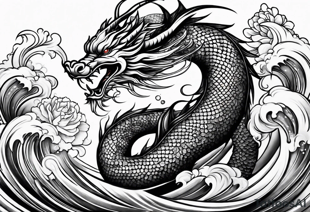 Asian Māori dragon, koi, water, black, shoulder tattoo idea