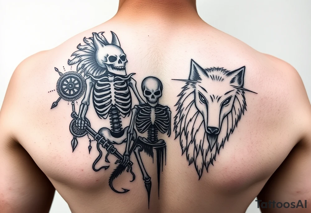 Purepecha skeleton warrior surrounded by purepecha symbols next to a wolf tattoo idea