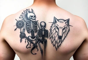 Purepecha skeleton warrior surrounded by purepecha symbols next to a wolf tattoo idea