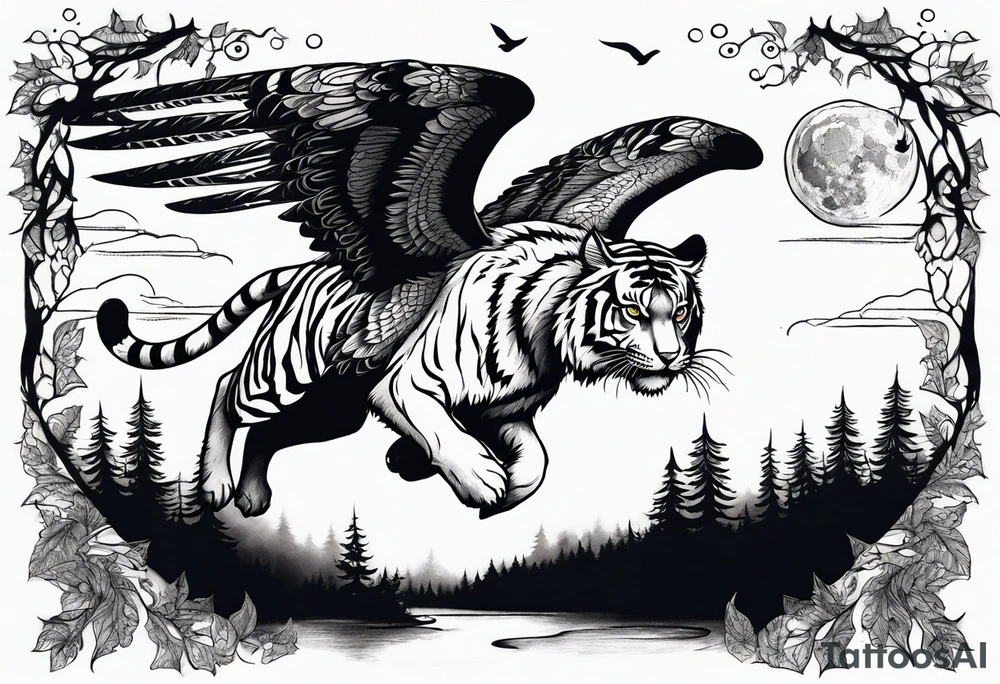 Tiger with wings hunting flying owl full moon forest tattoo idea