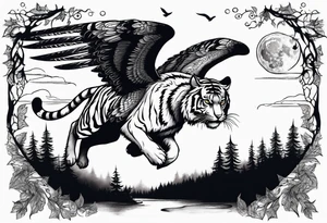 Tiger with wings hunting flying owl full moon forest tattoo idea
