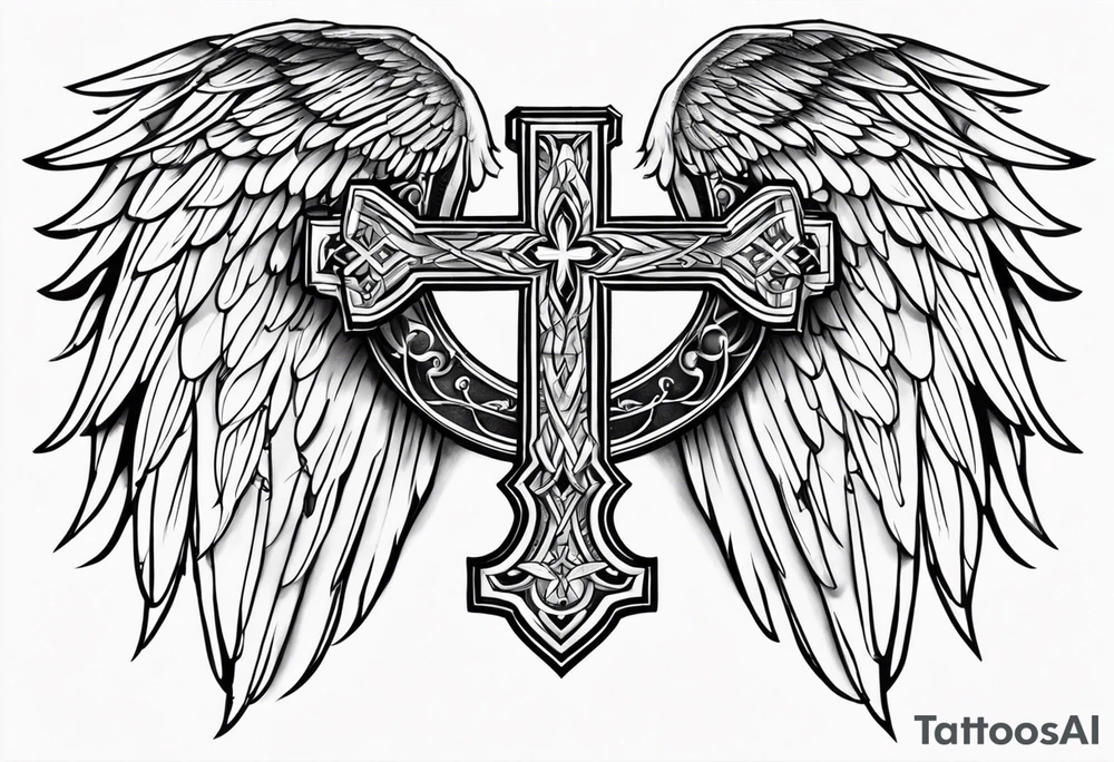 angel wings tattoo with a cross and the letters DJ in it tattoo idea